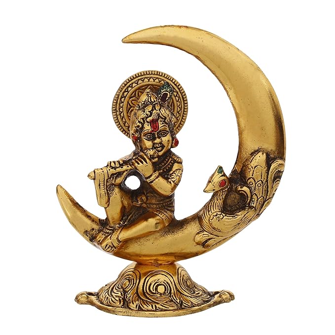 Ecraftindia Golden Metal Handcrafted Lord Krishna Idol Playing Flute and Sitting on Half Moon Decorative Showpiece