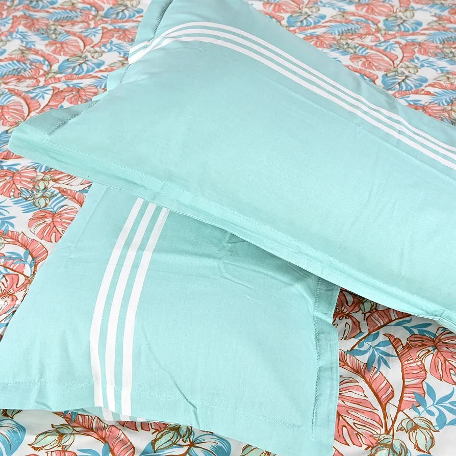Divine Casa 144 TC 100% Pure Cotton Double Bed Bedsheet with 2 Pillow Covers Tropical Floral Colour Aqua Red