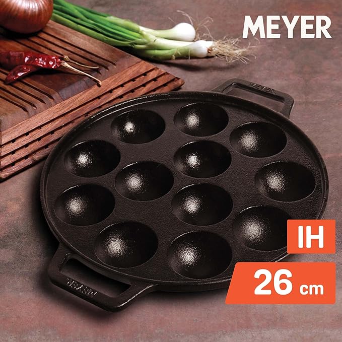 Meyer Pre Seasoned Cast Iron 12 Cavity Appam Patra 2 Side Handle 26cm (Black)
