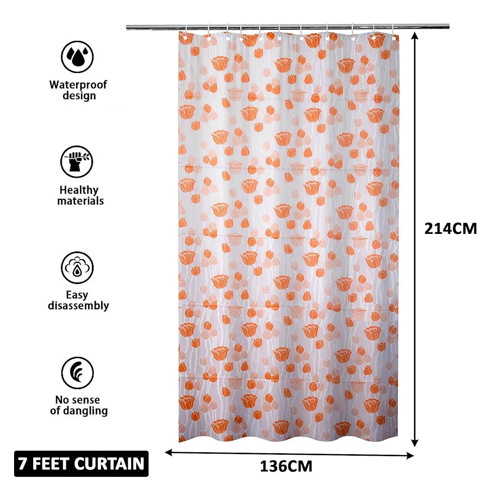 Kuber Industries Shower Curtain Bathroom Shower Curtain 8 Rings Curtain Orange Gulab Blury Transparent