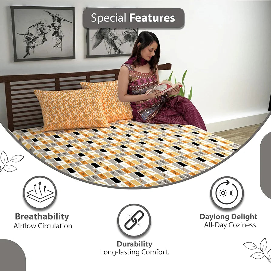 Divine Casa 144 TC Cotton Bedsheet for Double Bed with 2 Pillow CoverColour Ivory & Orange