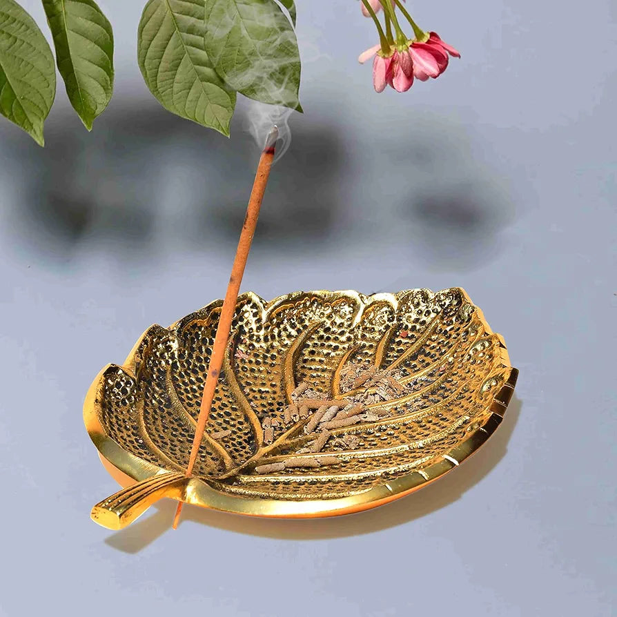 Pure Source India Leaf Design Aluminium Agarbatti Stand Incense Holder Ashcacher Gold Antique