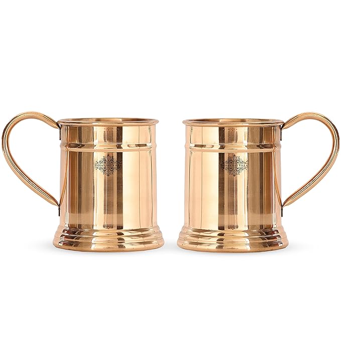 Indian Art Villa Pure Copper Tankard Shaped Mirror Line Design Moscow Mule Beer Mug Cup Volume | 600 ml (pack of 2)