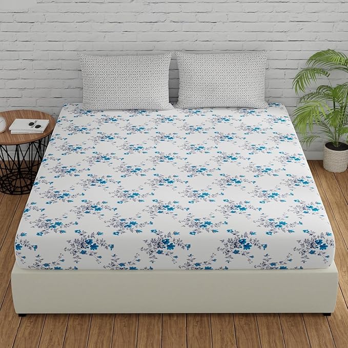Huesland by Ahmedabad Cotton 144 TC Cotton Bedsheets for King Size Bed with 2 Pillow Covers | White, Cyan Blue & Grey
