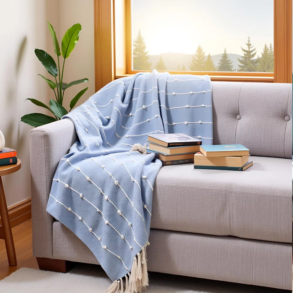 Sajavat Home Hand-Knitted Pure Cotton 3 Seater Sofa Throw Colour Blue
