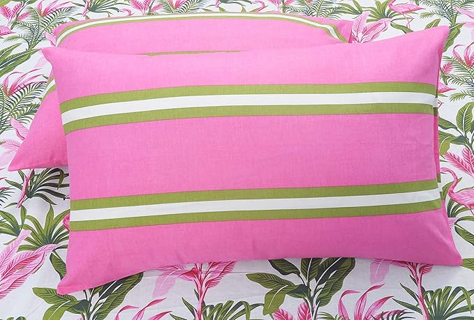 Huesland by Ahmedabad Cotton 144 TC Cotton Bedsheet for Double Bed King Size with 2 Pillow Covers |Flamingos & Stripes Pink & Green