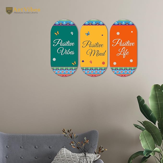 Artvibes Positive Quotes Printed Wooden Wall Hanger for Home | Modern Decoration Items | Artworks | Set of 3