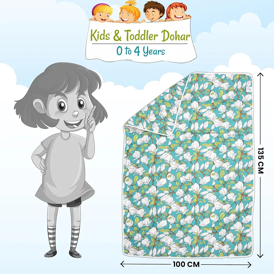 Divine Casa Floret 100% Cotton Single Kids Dohar 120 GSM Soft & Lightweight Throw Blanket Colour Meadow Green