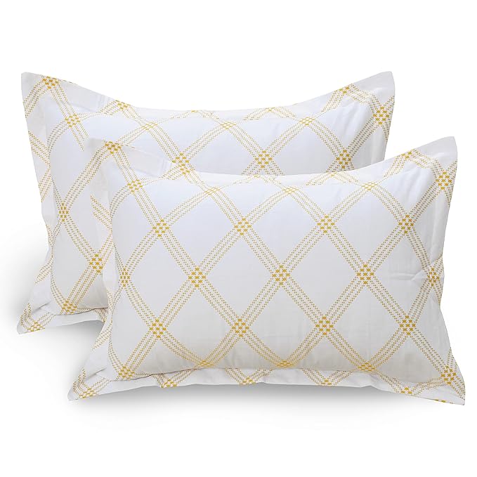 Huesland by Ahmedabad Cotton 186 TC Cotton Pillow Covers Set of 2 | White (Yellow Pattern)