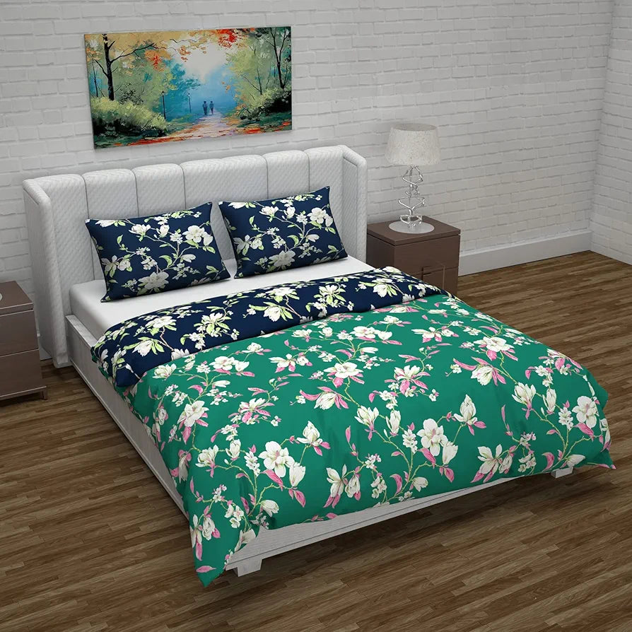 Divine Casa Micro Polyester Reversible Double Bed Queen Size Floral Printed Duvet Cover Colour Green & Navy Blue