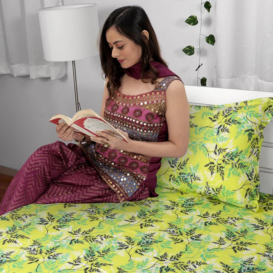 Divine Casa Bedsheet for Single Size Bed 144 TC Cotton Bedsheet for Single Size Bed with 1 Pillow Cover  Floral Colour Lime Breeze