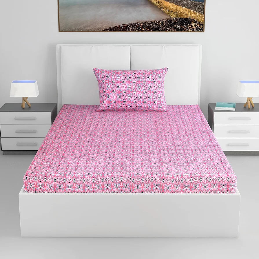 Divine Casa 144 TC 100% Pure Cotton Single Bedsheet with 1 Pillow Cover Geometric Petal Print Colour Pink Fuchsia