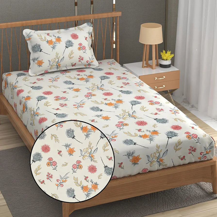Fresh From Loom Hypoallergenic Floral Print 240 TC Microfiber Single Bed Bedsheet with 1 Pillow Covers Pastel-Cream