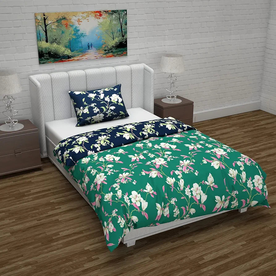 Divine Casa Microfiber Reversible Single Bed AC Duvet Cover Set with 1 Pillow Cover Soft & Cozy for Quilt/Comforter/Blanket  Colour Green & Navy Blue
