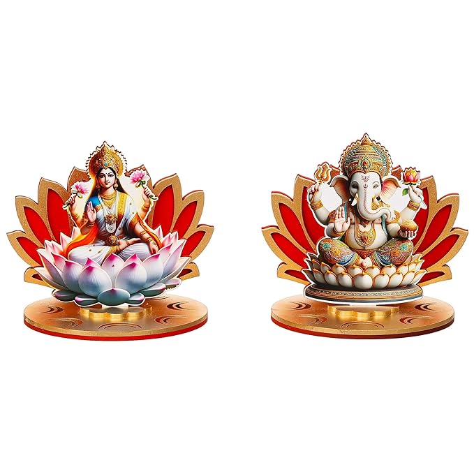 Ecraftindia Set of 2 Mdf Wooden Goddess Lakshmi and Lord Ganesha Sitting on Lotus Flower Decorative Showpieces
