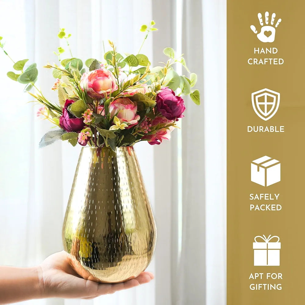 Behoma Drop Shape Metal Hammered Flower Vase 7.5 inches Golden 1 Pc Flowers not Included