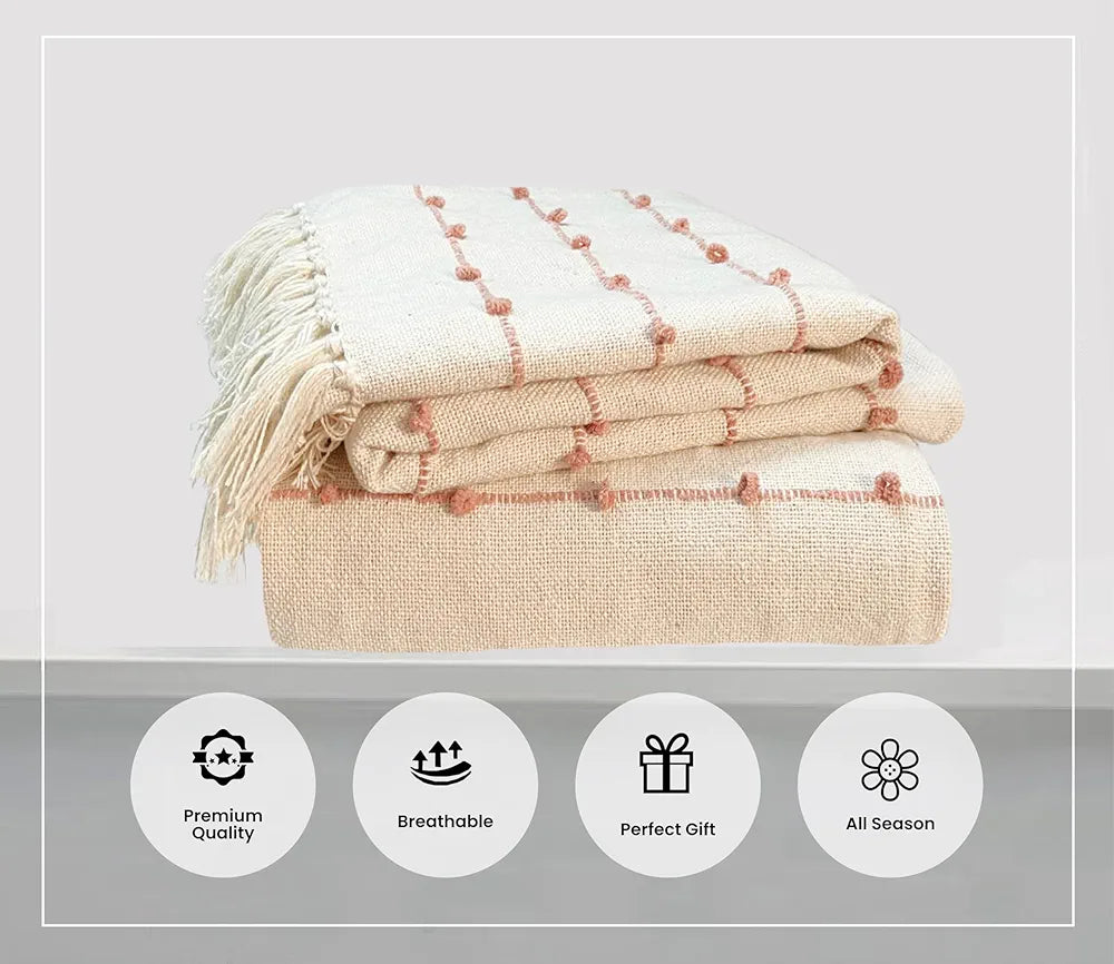 Sajavat Home Hand-Knitted Pure Cotton 3 Seater Sofa Throw Colour Beige & Summer Pink
