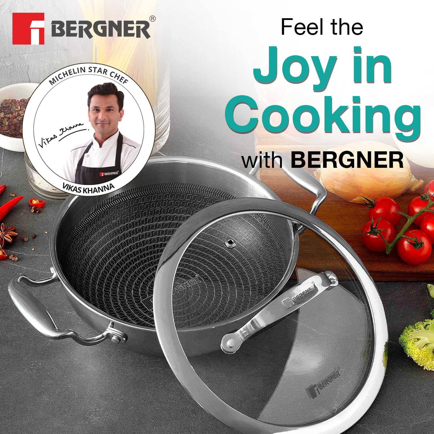 Bergner Hitech Triply Stainless Steel 26 Cm Kadai | Indian Wok With and Glass Lid