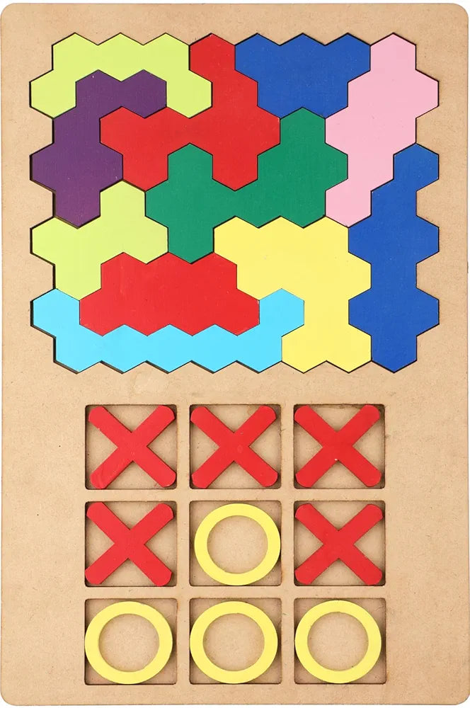 SPARTAN KIDS® 3D Wooden Hexagon Puzzle & Classic Tic Tac Toe Game - Montessori Educational Toy for Kids, Creative Shape Pattern Block, Two-in-One Early Learning Toy