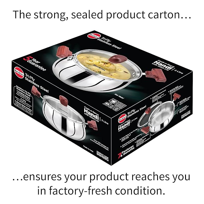 Hawkins 2 Litre Cook n Serve Handi Triply Stainless Steel Handi with Glass Lid