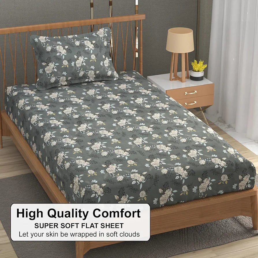 Fresh From Loom Single Bed Microfiber Bedsheet with Floral Print 240 TC 1 Pillow Covers Rose-Oslo-Grey