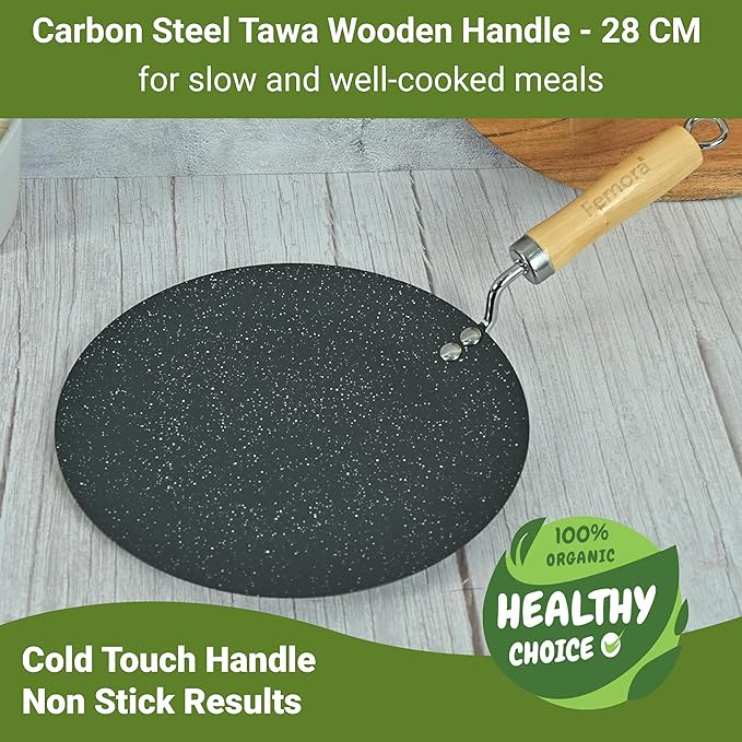 Femora Carbon Steel Tawa With Wooden Handle | 3 Layer Non-stick Coating Tawa | Black | Diameter | 28 Cm