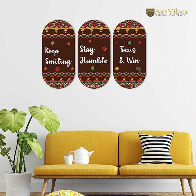 Artvibes Keep Smiling Positive Quotes Printed Wooden Wall Hanger for Home | Artworks | Set of 3