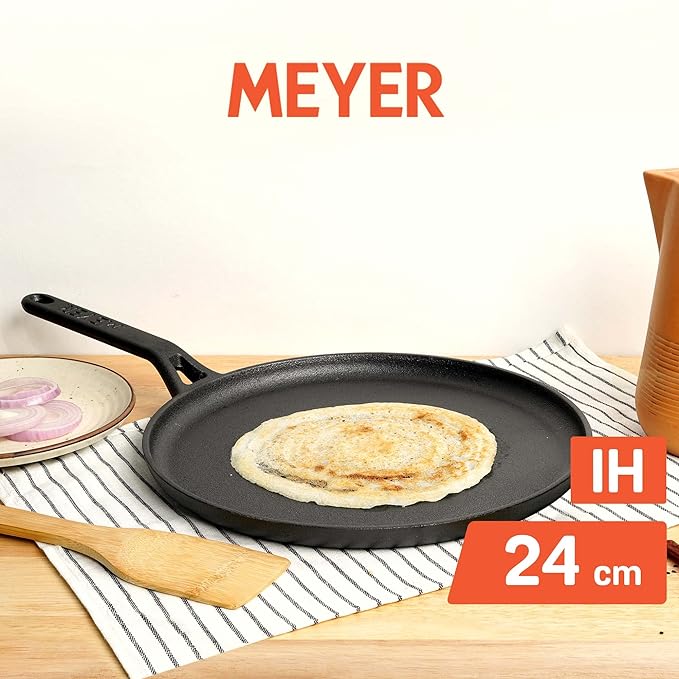 Meyer Pre-Seasoned Cast Iron Flat Dosa Tawa Pan with Stick Handle 24cm Black