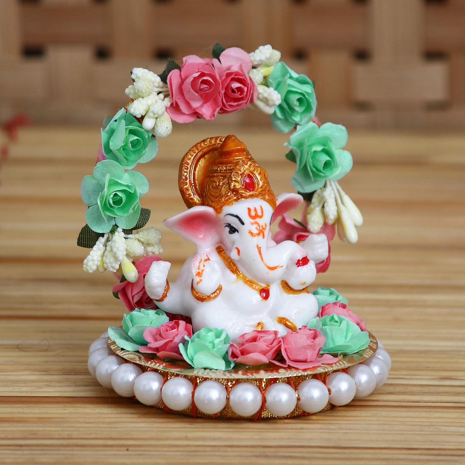 Ecraftindia Lord Ganesha Idol on Decorative Handcrafted Plate With Throne of Pink and Green Flowers