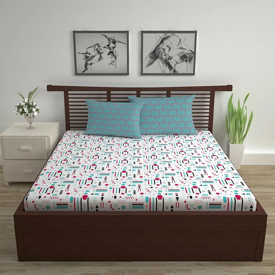 Divine Casa 144 TC Super Soft Cotton Bedsheet for Double Bed  144 Thread Count Abstract Colour Red Teal & White