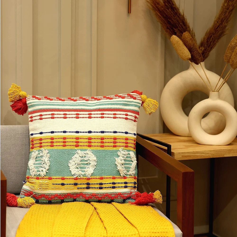 Sashaa World 100% Cotton Handwoven Decorative Cushion Cover With Zipper Colour Multi