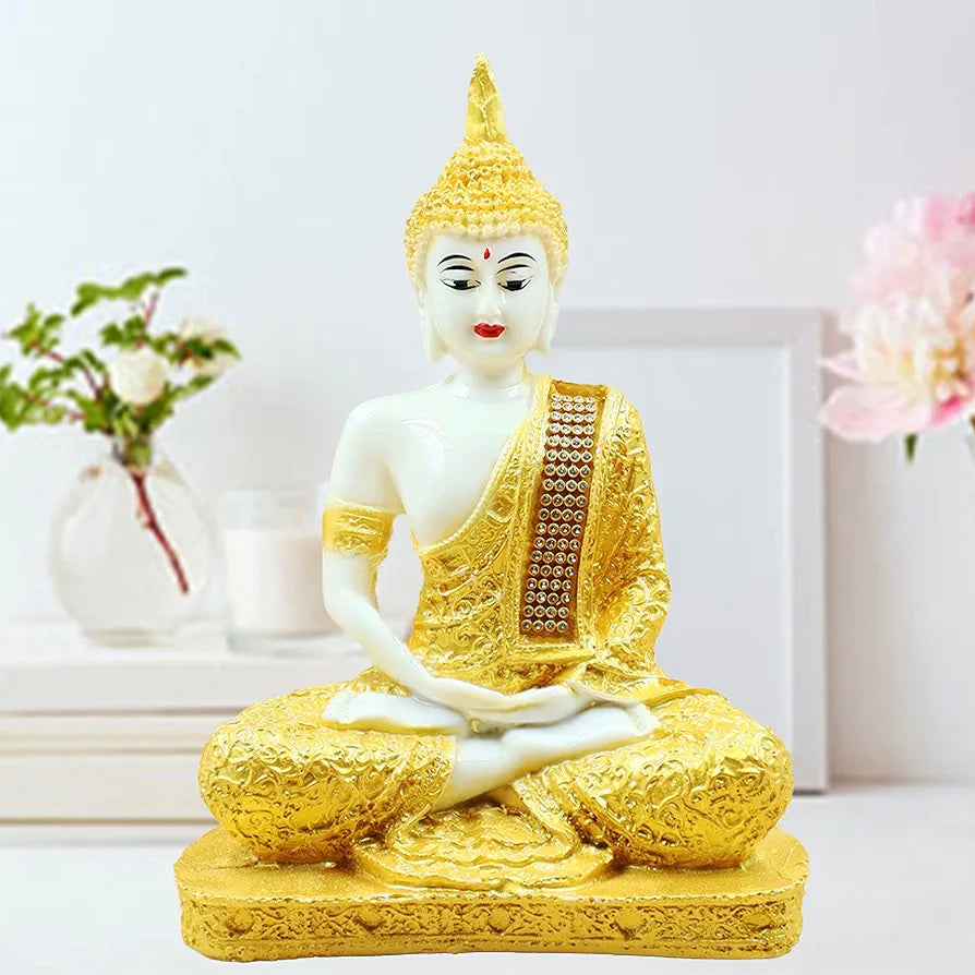 Jaipur Ace Meditating Buddha Statue Polyresin Idol Showpiece White Gold Sitting Buddha