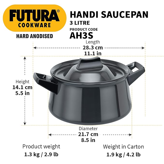 Hawkins Futura Hard Anodised Handi (Saucepan) 3 L, 21 cm, 4.06 mm with 2 short handles