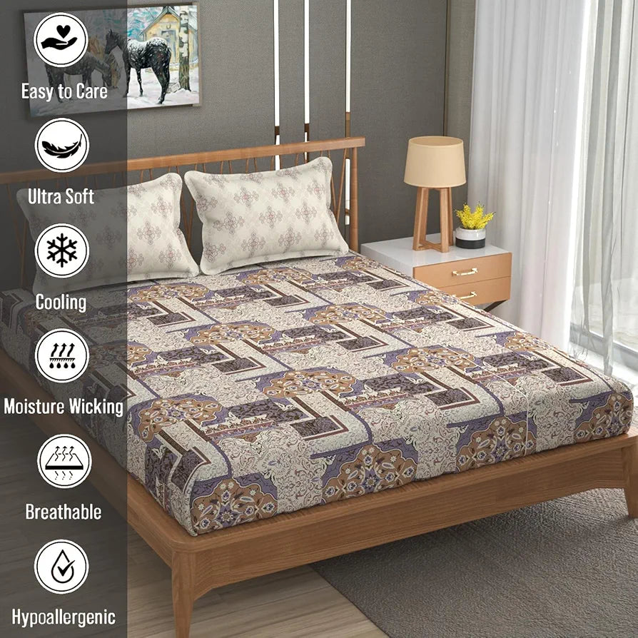 Fresh From Loom Microfiber Cotton Bedsheet King Size 240 TC King Size Soft Bed Cover with 2 Pillow Cover Paisley Coffee