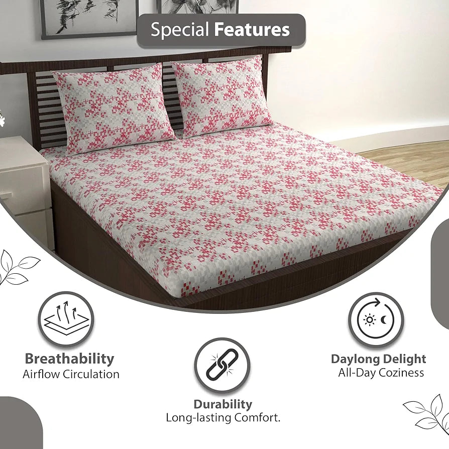 Divine Casa 144 TC Pure Cotton Double Bed Bedsheet with 2 Pillow Covers Mosaic Bloom Colour Ivory Red