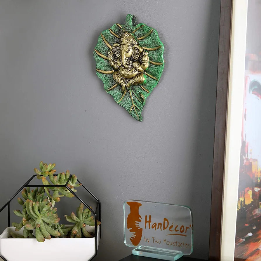Two Moustaches Decorative Leaf Ganesha on Patta Metal Wall Hanging Showpiece Green & Golden Standard