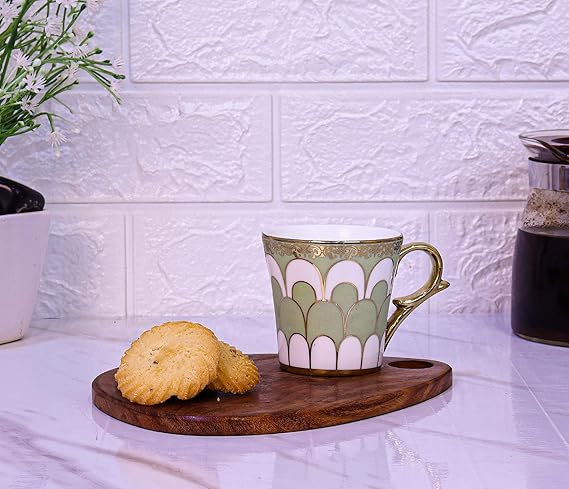 Femora Water Drop Scale Pattern Golden Tea Mugs, Ceramic Tea Cups, Coffee Mugs | 160 Ml | Green | 6 Pieces Set | Not Microwave Safe