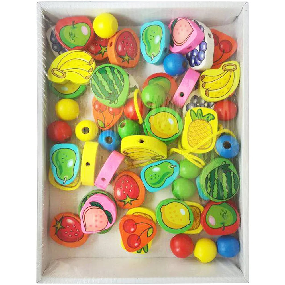 Trinkets & More Wood - 56 Piece Fruit Bead Game Lacing Toy Stringing Beading Game Early Educational Toys Kids 3+ Years, Multi-coloured