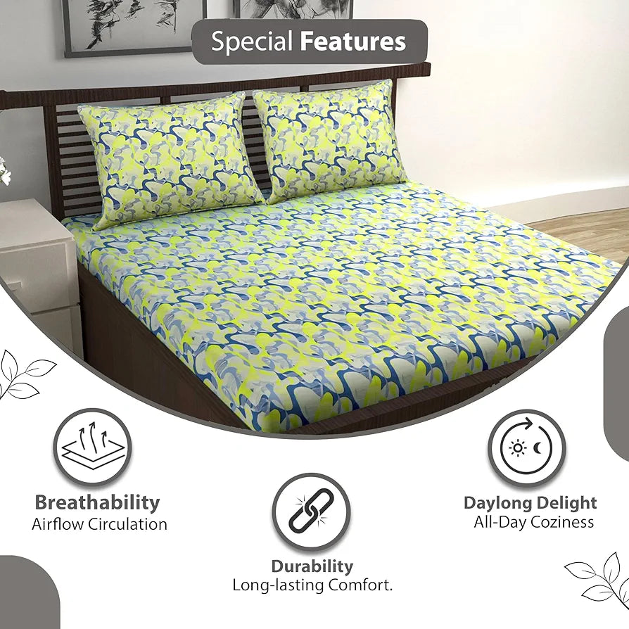Divine Casa 144 TC Pure Cotton Double Bed Bedsheet with 2 Pillow Covers Mosaic Bloom Colour Yellow Blue