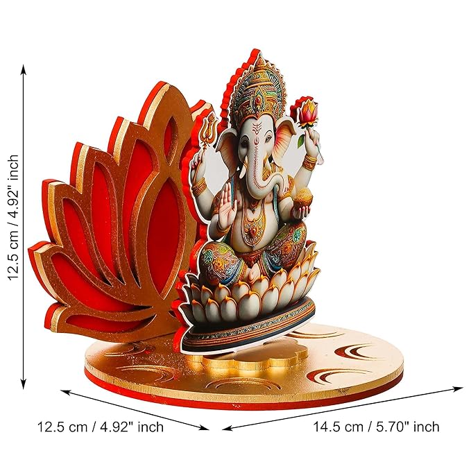 Ecraftindia Set of 2 Mdf Wooden Goddess Lakshmi and Lord Ganesha Sitting on Lotus Flower Decorative Showpieces