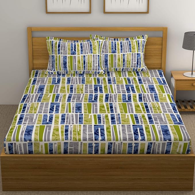 Huesland by Ahmedabad Cotton 144 TC Cotton King Size Bedsheet with 2 Pillow Covers - Blue, Green & Grey