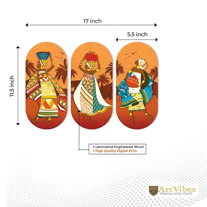 Artvibes African Women Dancing Wooden Wall Hanger for Home | Set of 3