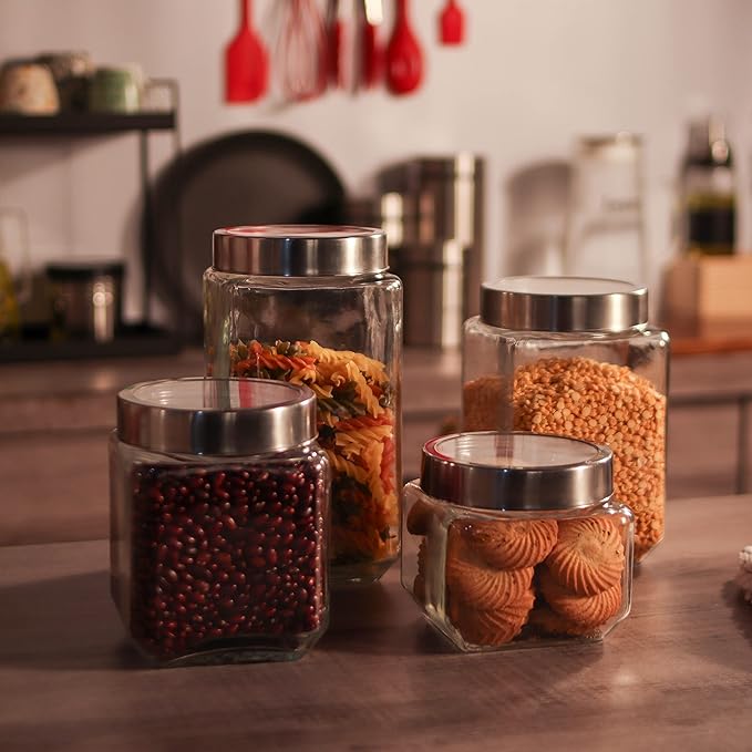 Femora Kitchen Storage Jars Transperent Glass With Steel Lid Air Tight Jar | 850 Ml | 1150 Ml | 1550 Ml | 2000 Ml | Pack of 4