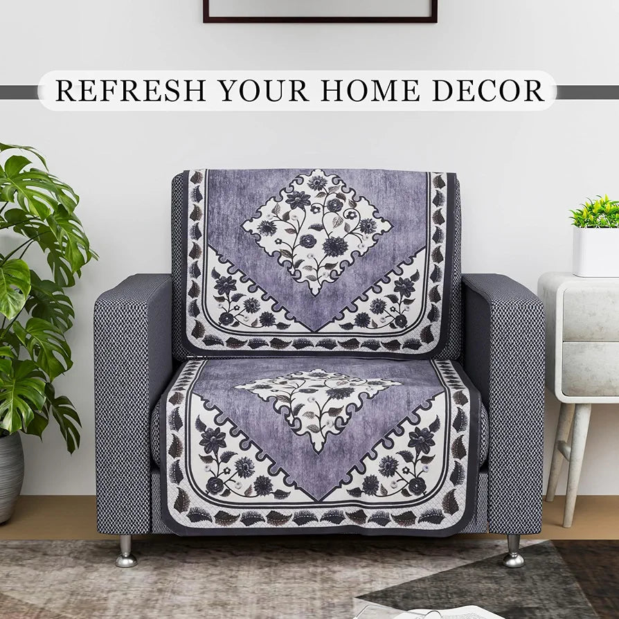 Kuber Industries Net Single Seater Sofa Cover Set Flower Digital Triangle Border Print-753 Grey