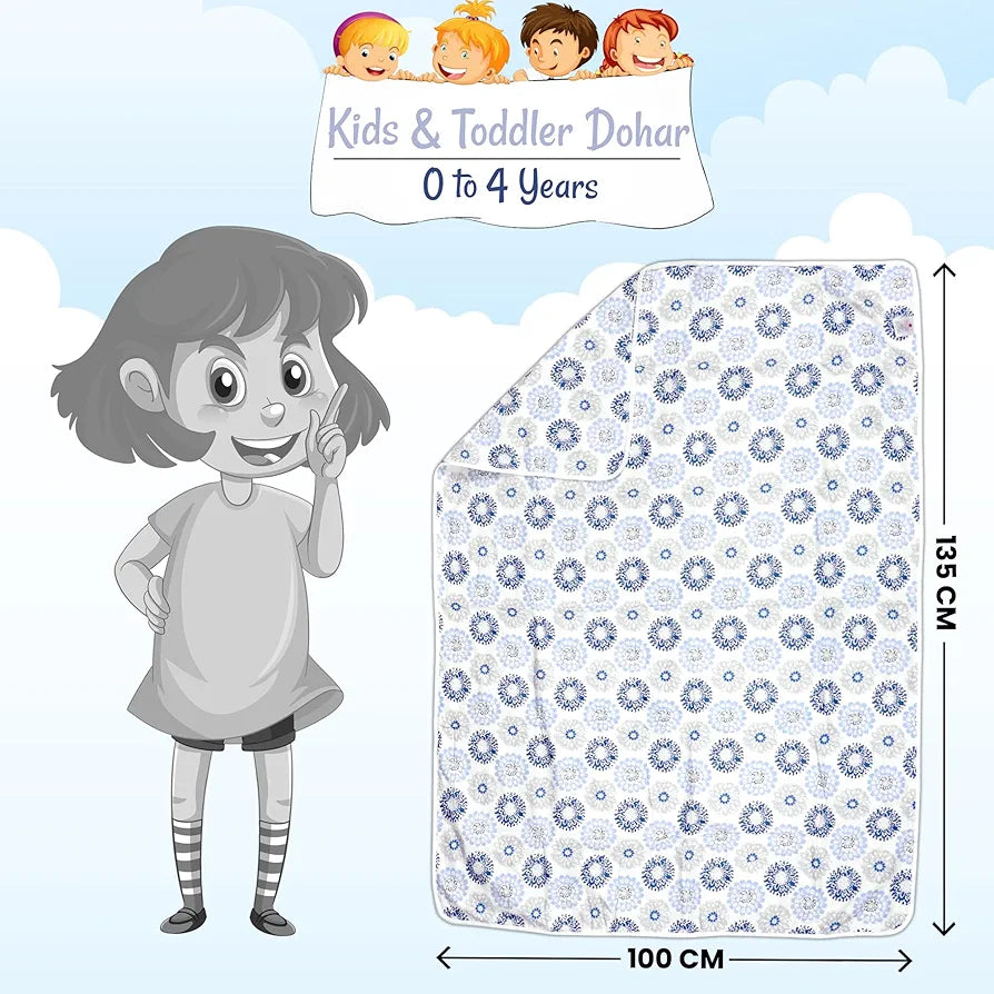 Divine Casa Floret 100% Cotton Single Kids Dohar 120 GSM Soft & Lightweight Throw Blanket Colour Blue Beige