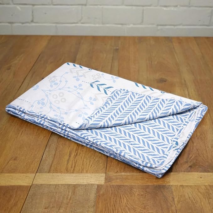 Huesland 100% Cotton Reversible Dohar Single Bed Cotton | Soft Cambric Weave | All Weather Light Ac Blanket | White & Arctic Blue