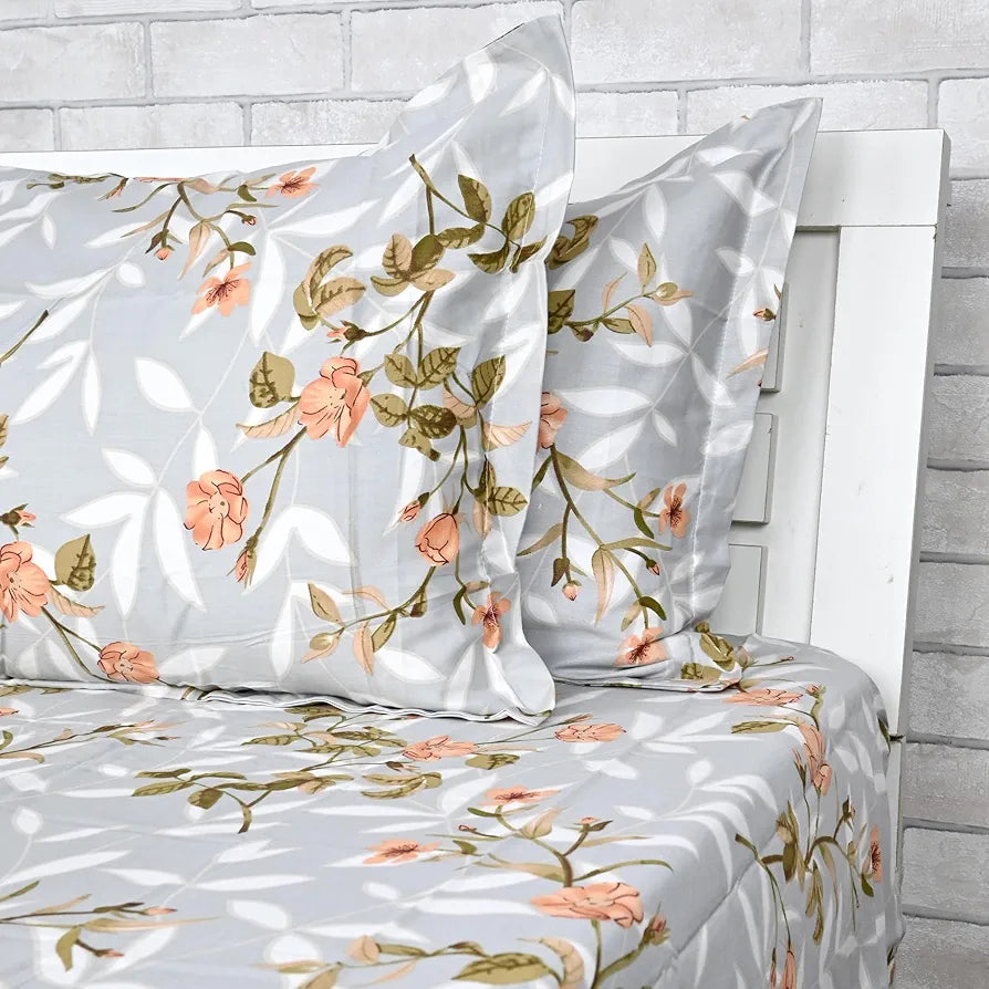 Divine Casa 200 TC 100% Cotton King Size Bedsheet Premium Soft Fabric Includes 2 Pillow Covers Colour Floral Grey