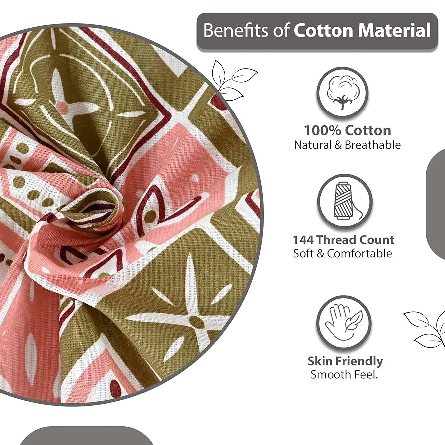 Divine Casa 144 TC Pure Cotton Double Bedsheet with 2 Pillow Covers Geo Nordic Hexa Colour Mustard Rose Pink