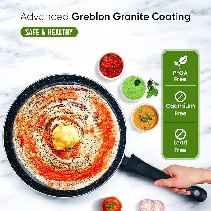 Solara Granite Dosa Tawa Non Stick Pan 28cm, Dosa Tawa Induction Base & Gas Compatible With Soft-touch Handles | Black Colour