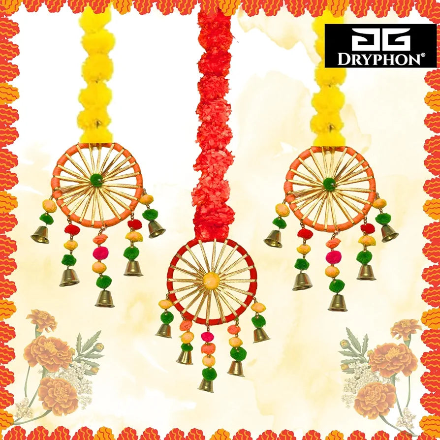 Artificial Marigold Flowers for Decoration with Pom Pom Ring Bell Hanging Yellow Orange